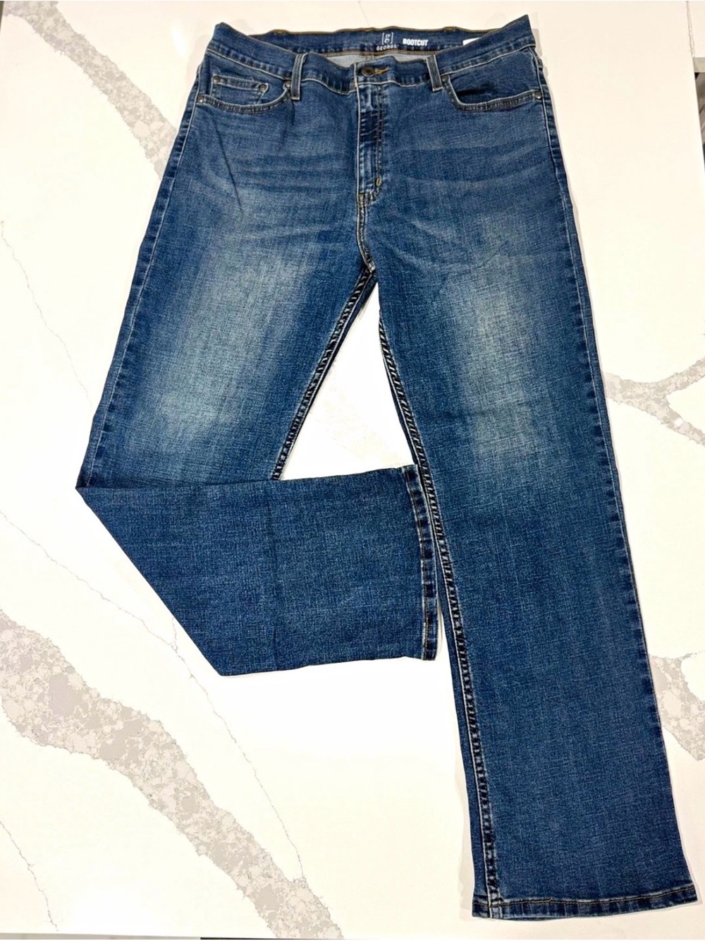 George Men's Bootcut Jeans Dark Wash Blue Stretch Denim 5-Pocket Zip 36x30